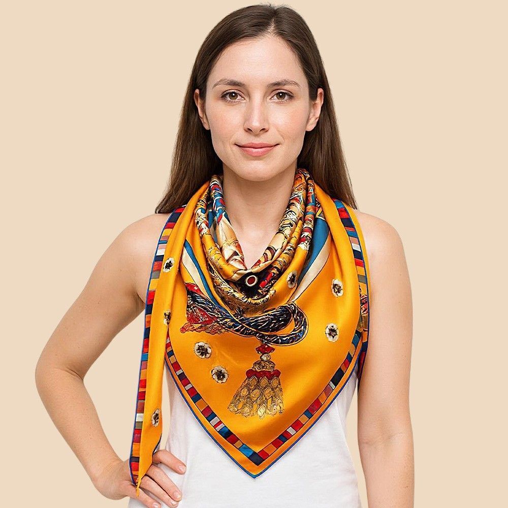 Elegant Satin Feel Square Scarf Geometric Paisley Print Fashion Wrap 51x51